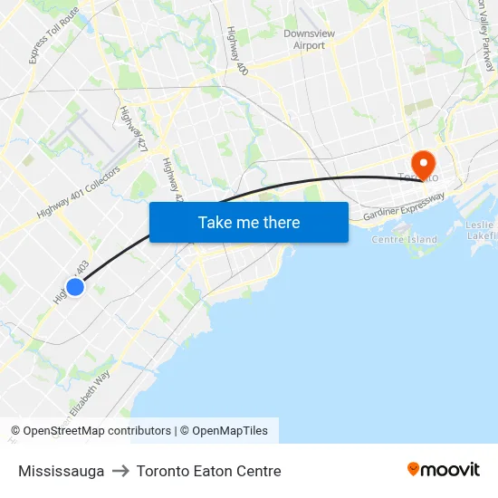 Mississauga to Toronto Eaton Centre map