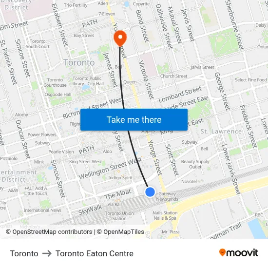 Toronto to Toronto Eaton Centre map