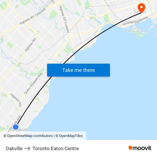 Oakville to Toronto Eaton Centre map