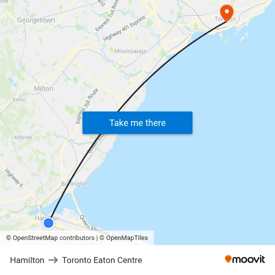 Hamilton to Toronto Eaton Centre map