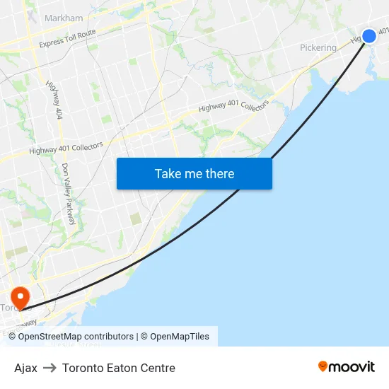 Ajax to Toronto Eaton Centre map