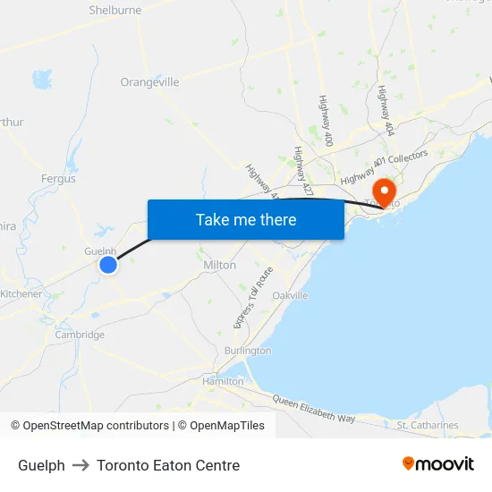 Guelph to Toronto Eaton Centre map