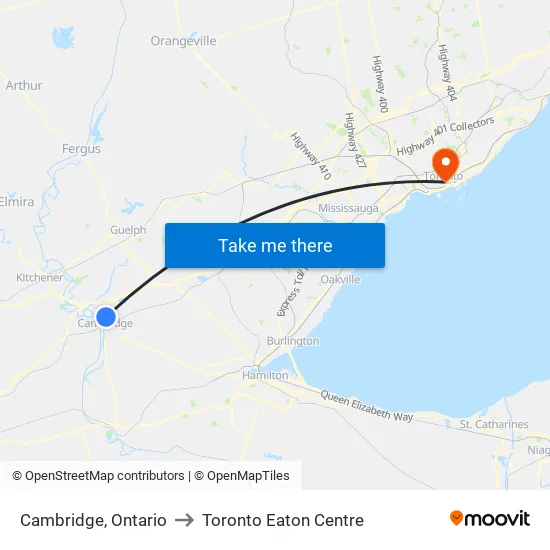 Cambridge, Ontario to Toronto Eaton Centre map