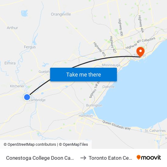 Conestoga College Doon Campus to Toronto Eaton Centre map