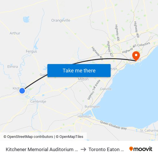 Kitchener Memorial Auditorium Complex to Toronto Eaton Centre map