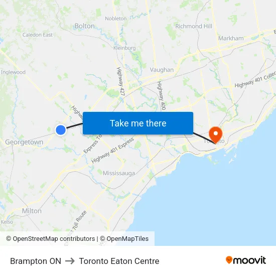Brampton ON to Toronto Eaton Centre map