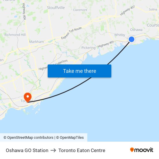 Oshawa GO Station to Toronto Eaton Centre map