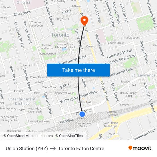 Union Station (YBZ) to Toronto Eaton Centre map