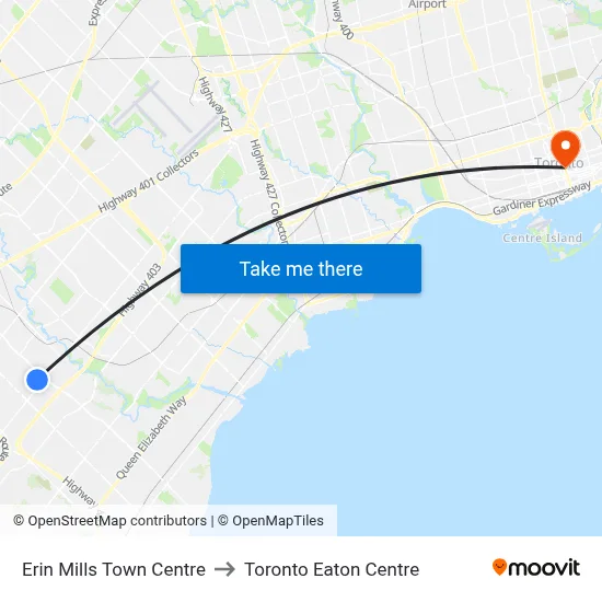 Erin Mills Town Centre to Toronto Eaton Centre map