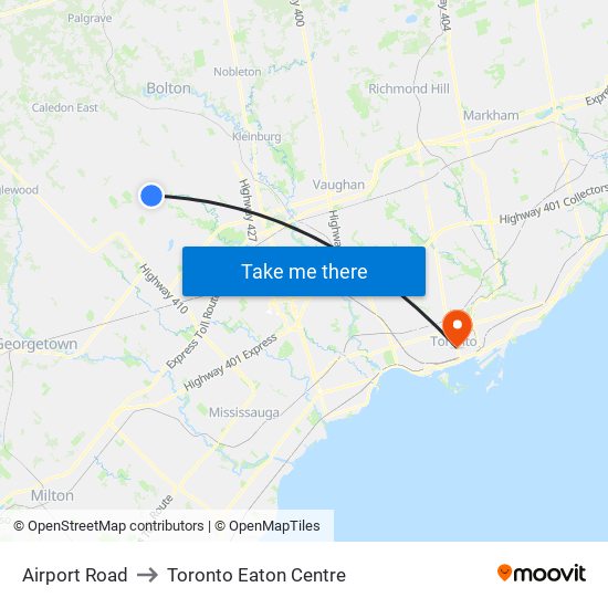 Airport Road to Toronto Eaton Centre map