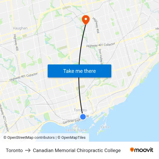 Toronto to Canadian Memorial Chiropractic College map