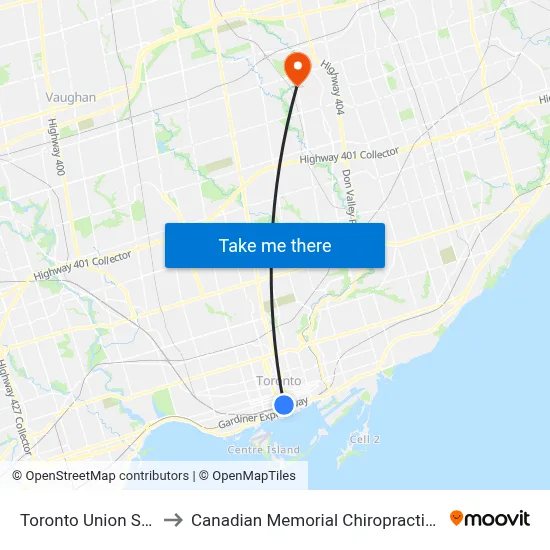 Toronto Union Station to Canadian Memorial Chiropractic College map