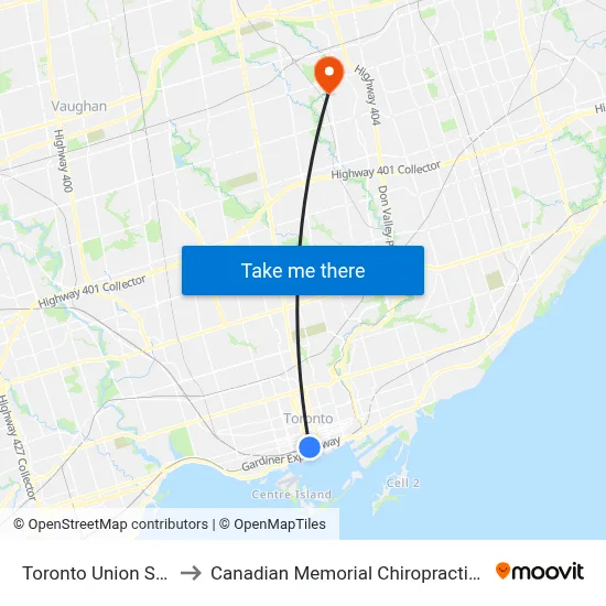 Toronto Union Station to Canadian Memorial Chiropractic College map