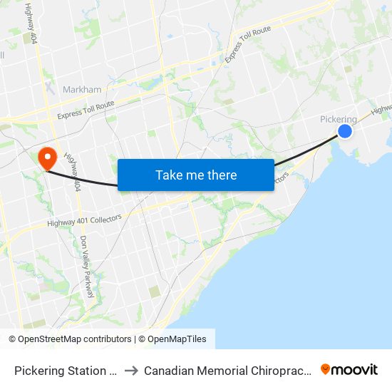Pickering Station Go Rail to Canadian Memorial Chiropractic College map