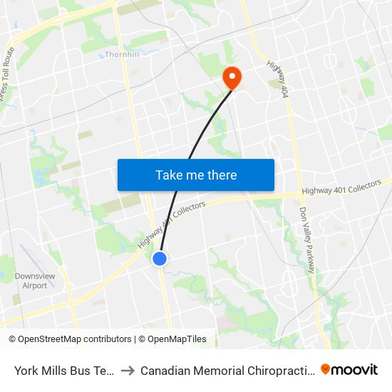 York Mills Bus Terminal to Canadian Memorial Chiropractic College map