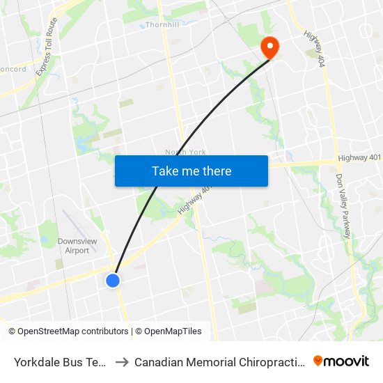 Yorkdale Bus Terminal to Canadian Memorial Chiropractic College map