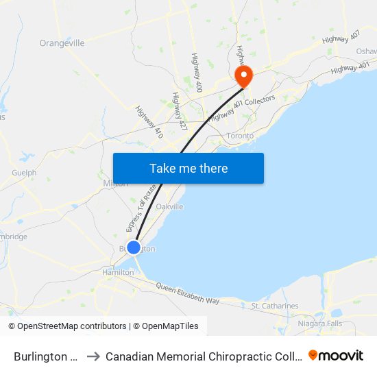Burlington Go to Canadian Memorial Chiropractic College map
