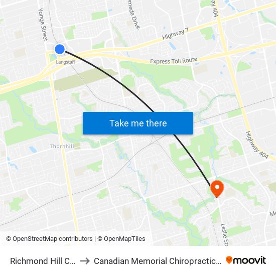 Richmond Hill Centre to Canadian Memorial Chiropractic College map