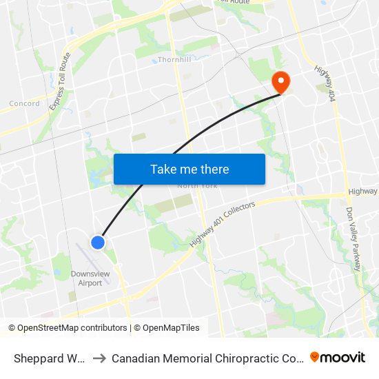 Sheppard West to Canadian Memorial Chiropractic College map