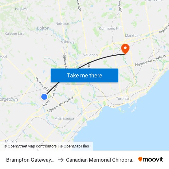 Brampton Gateway Terminal to Canadian Memorial Chiropractic College map