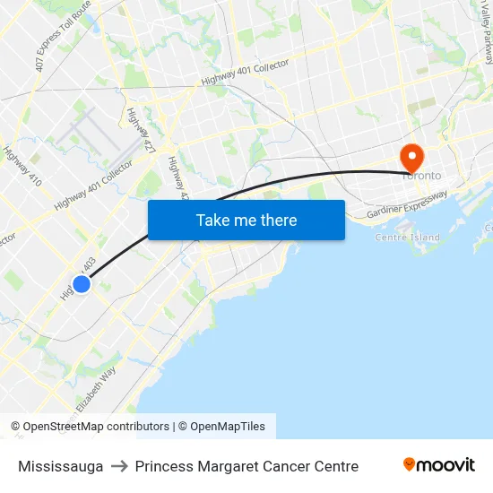 Mississauga to Princess Margaret Cancer Centre map