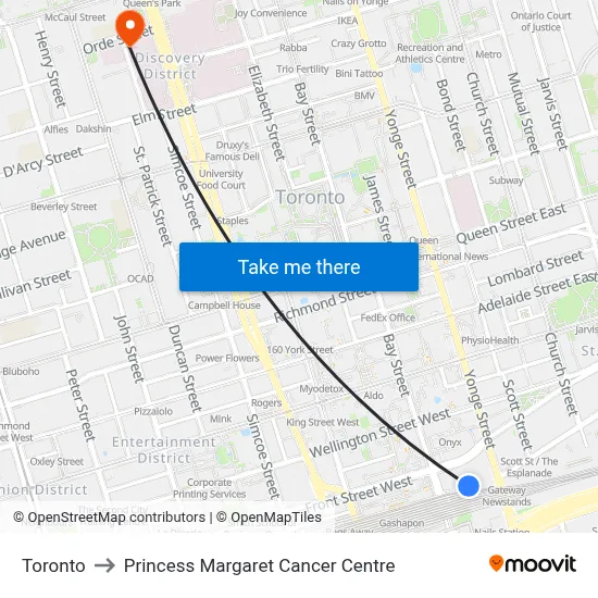 Toronto to Princess Margaret Cancer Centre map