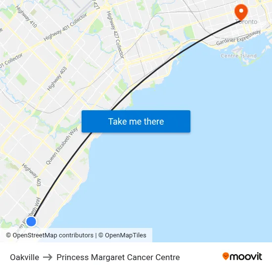 Oakville to Princess Margaret Cancer Centre map