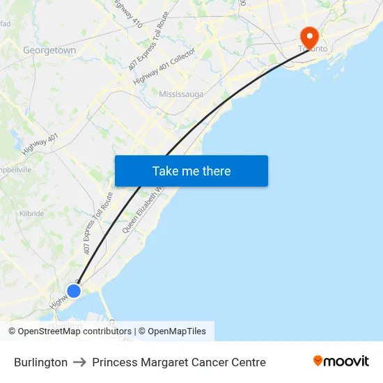 Burlington to Princess Margaret Cancer Centre map
