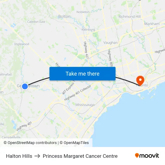 Halton Hills to Princess Margaret Cancer Centre map
