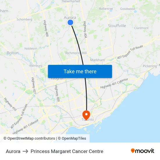 Aurora to Princess Margaret Cancer Centre map