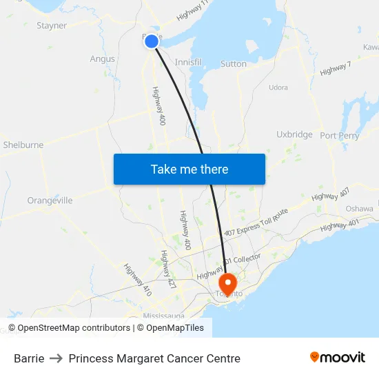Barrie to Princess Margaret Cancer Centre map