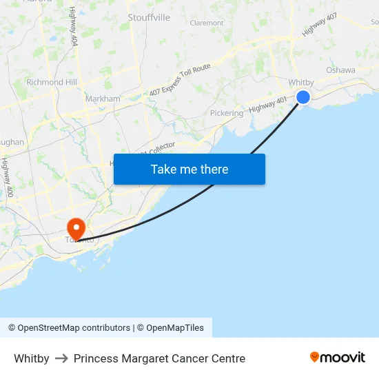 Whitby to Princess Margaret Cancer Centre map