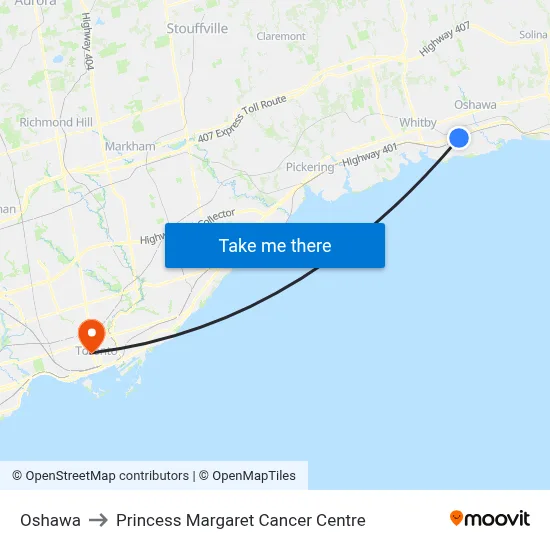 Oshawa to Princess Margaret Cancer Centre map