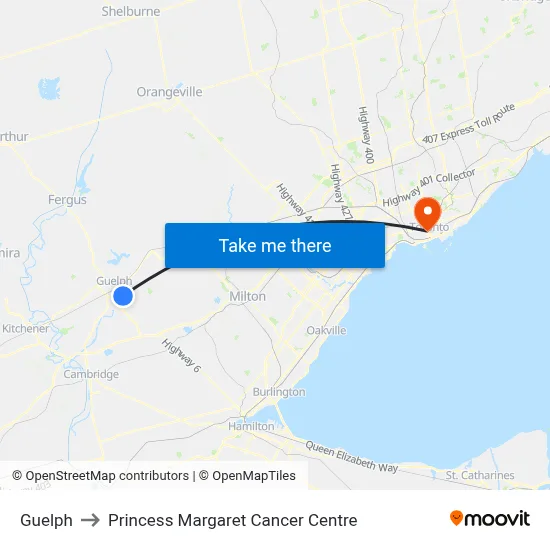 Guelph to Princess Margaret Cancer Centre map