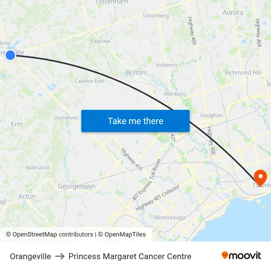 Orangeville to Princess Margaret Cancer Centre map