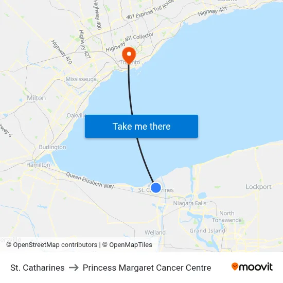 St. Catharines to Princess Margaret Cancer Centre map