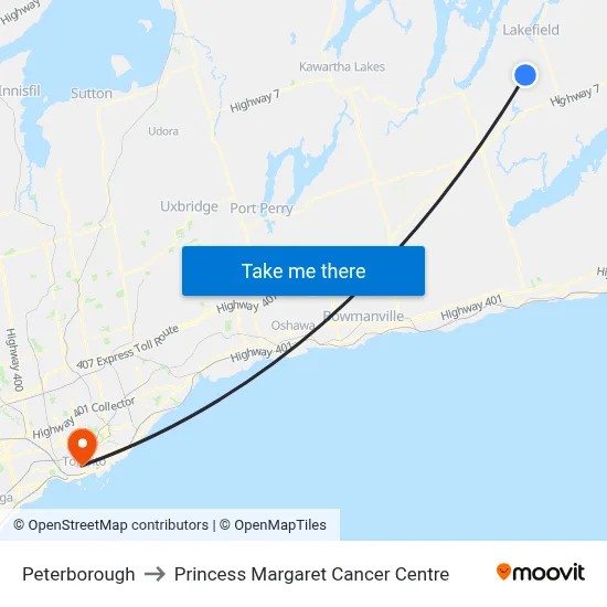 Peterborough to Princess Margaret Cancer Centre map
