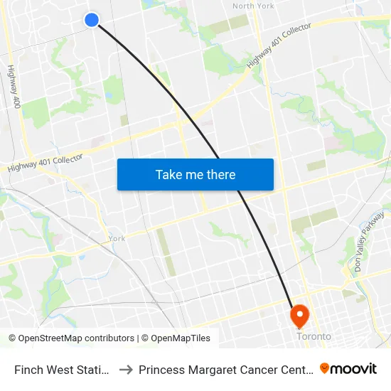 Finch West Station to Princess Margaret Cancer Centre map
