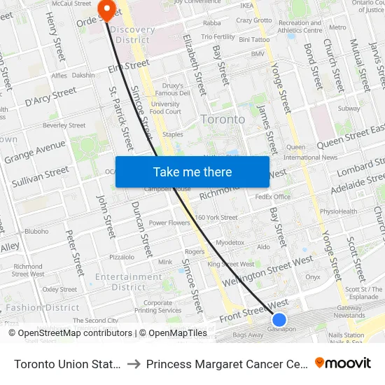 Toronto Union Station to Princess Margaret Cancer Centre map