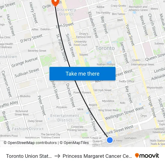 Toronto Union Station to Princess Margaret Cancer Centre map