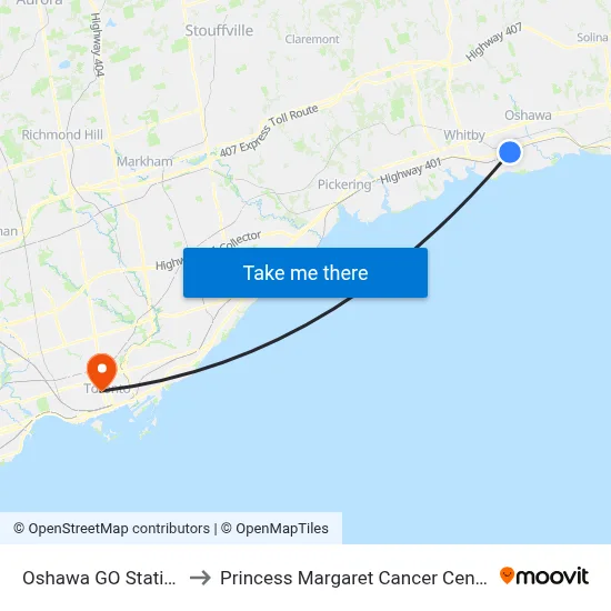 Oshawa GO Station to Princess Margaret Cancer Centre map