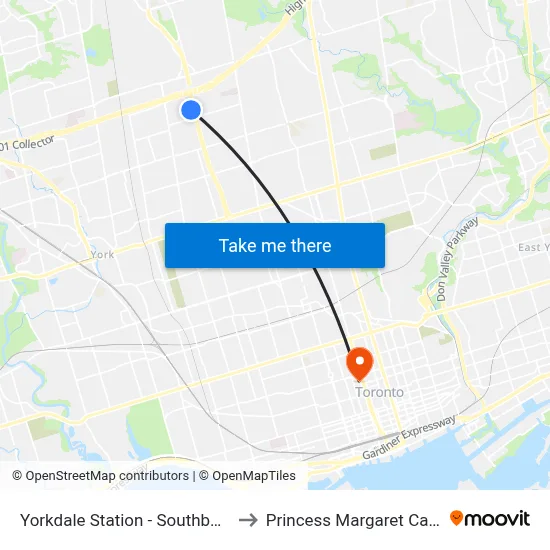 Yorkdale Station - Southbound Platform to Princess Margaret Cancer Centre map