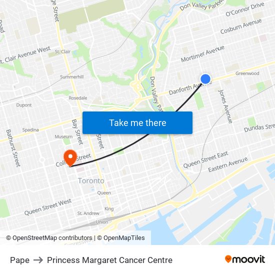 Pape to Princess Margaret Cancer Centre map
