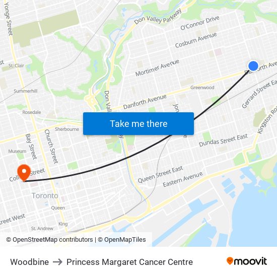 Woodbine to Princess Margaret Cancer Centre map