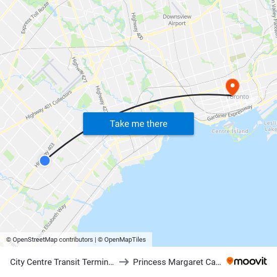 City Centre Transit Terminal Platform K to Princess Margaret Cancer Centre map