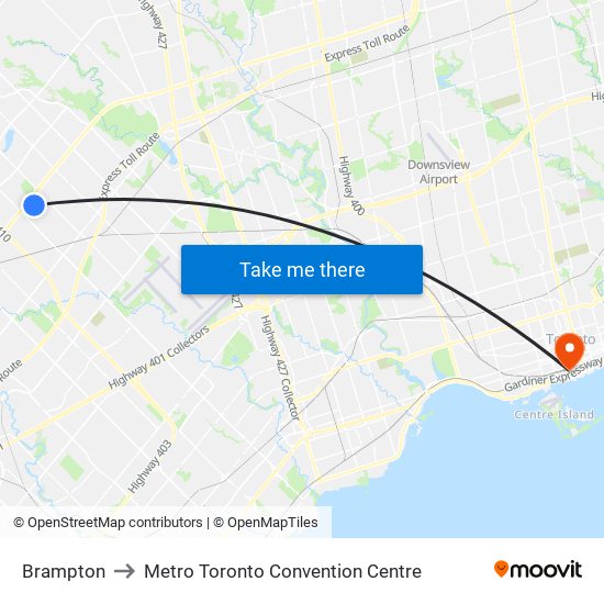 Brampton to Metro Toronto Convention Centre map