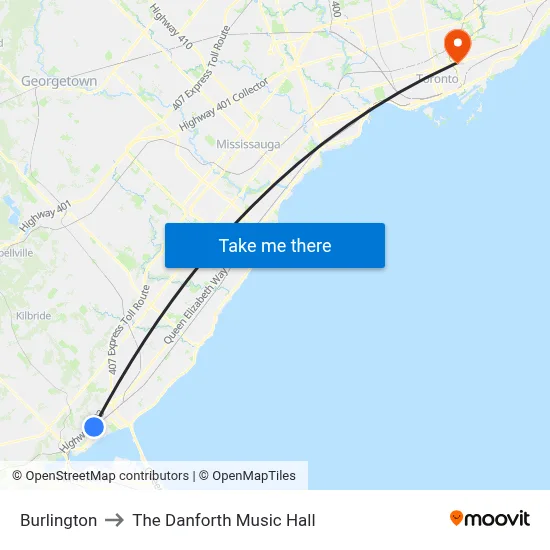 Burlington to The Danforth Music Hall map