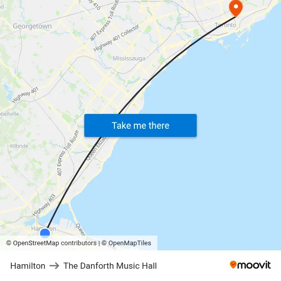 Hamilton to The Danforth Music Hall map