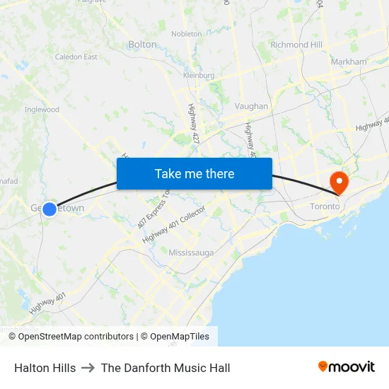 Halton Hills to The Danforth Music Hall map