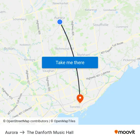 Aurora to The Danforth Music Hall map